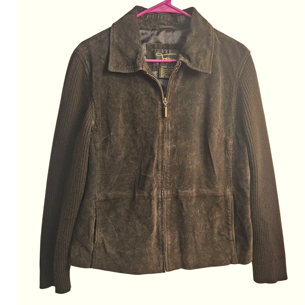 Fabio XL Brown Suede Knit Zip Front Jacket Y2k Blazer Boho Minimalist‎ #543
